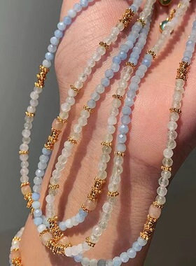 新中式天然海蓝宝天河石串珠白水晶项链女新款夏季彩色锁骨链颈链