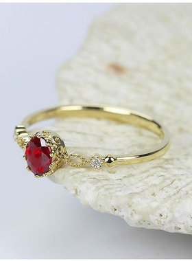 14k玫瑰金天然鸽血红石椭圆型轻奢皇冠女王戒指 镀黄金色镶指环