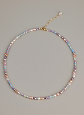 天然淡水米粒珍珠项链女彩色石多巴胺锁骨链S925银简约气质百搭款