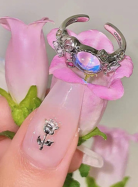 泫雅同款欧泊月光石彩宝锆石粉钻戒指女ins 熔岩石小众设计高级感