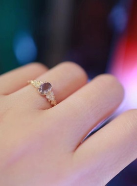 新品日系镶天然堇青石拉长石镂空指环女幸福橄榄树叶紫钻锆石戒指