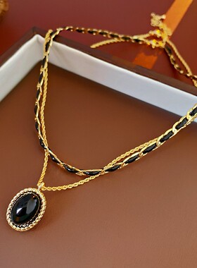 中古vintage项链真金电镀椭圆树脂皮革锁骨链复古轻奢高级感项饰