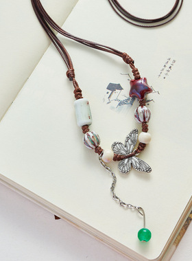 景德镇陶瓷饰品蝴蝶项链长款毛衣链手工编织可调节民族风学生女新