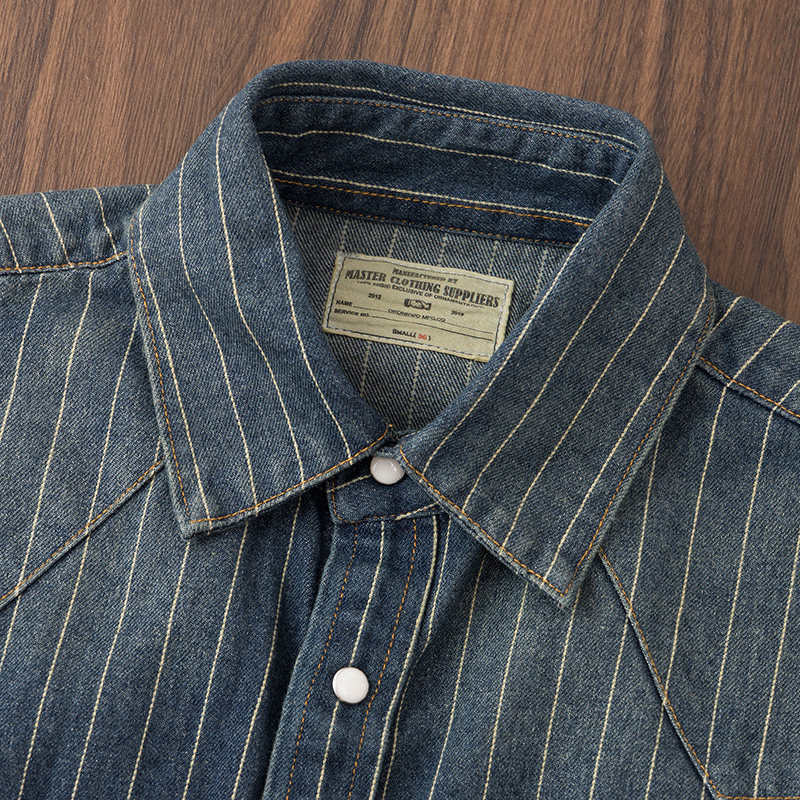 阿美咔叽美式复古重磅春秋季水洗做旧工装条纹牛仔衬衫男长袖外套,淘宝优惠券,粉丝福利购,淘宝优惠卷