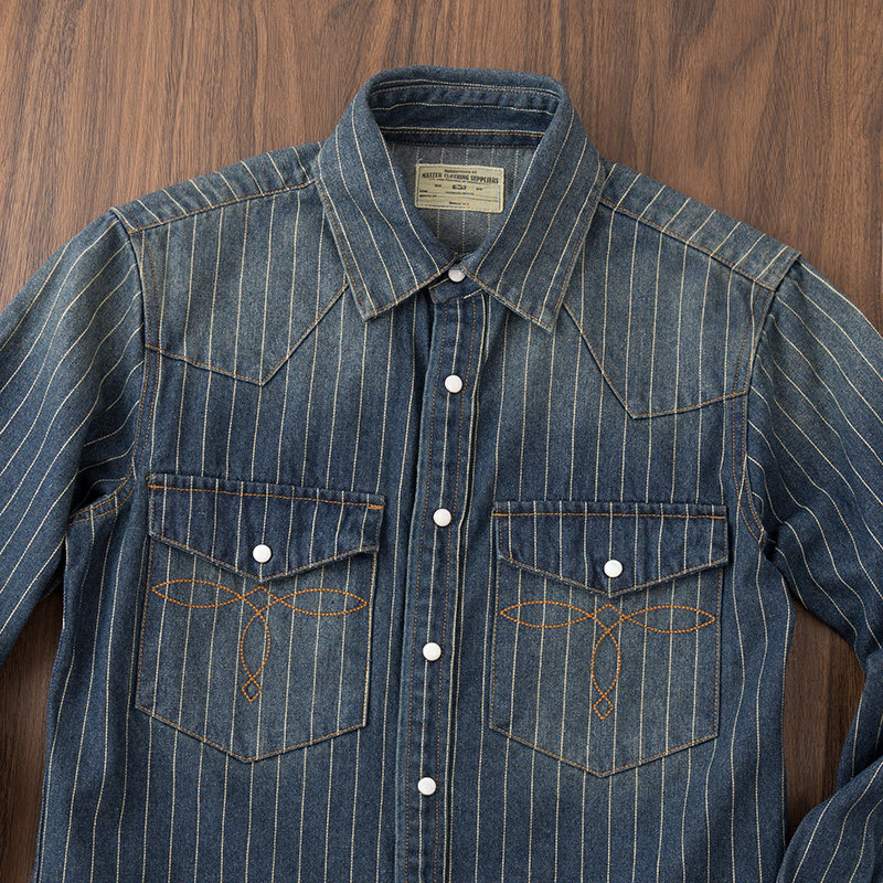 阿美咔叽美式复古重磅春秋季水洗做旧工装条纹牛仔衬衫男长袖外套,淘宝优惠券,粉丝福利购,淘宝优惠卷
