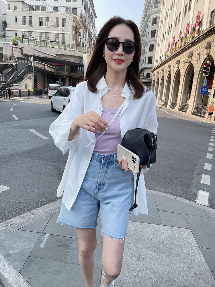 widelia陈姬儿夏季小众设计宽松休闲白色防晒长袖衬衫上衣女7167