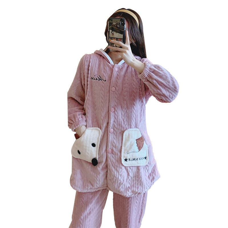 珊瑚绒月子服孕妇秋冬季加绒10睡衣 俏孕喜家居服套装