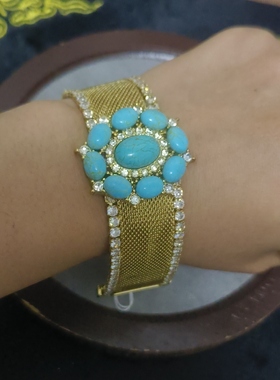 中古雾面真金电镀金蝉莱茵石镶嵌复古宫廷风蓝松贵气款项链戒指