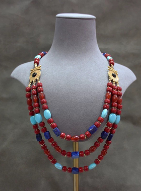 青岛中古首饰青金石方块项链胸针套装红绿宝石头意大利老奶奶项链
