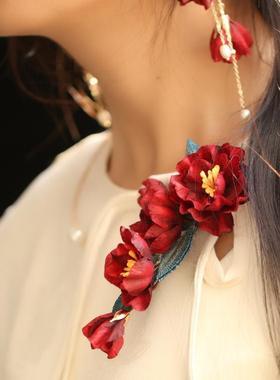 酒红花朵项链小众设计感气质锁骨