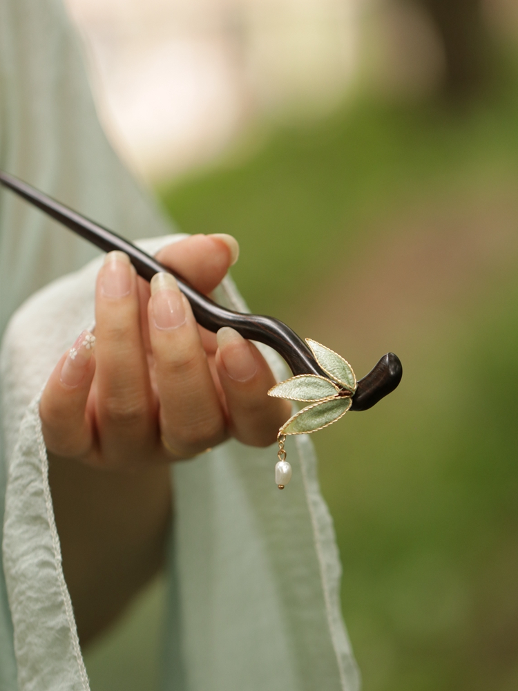 流苏竹叶发簪木簪盘发丸子头头饰发张簪子简约现代茶服女夏季旗袍-图1