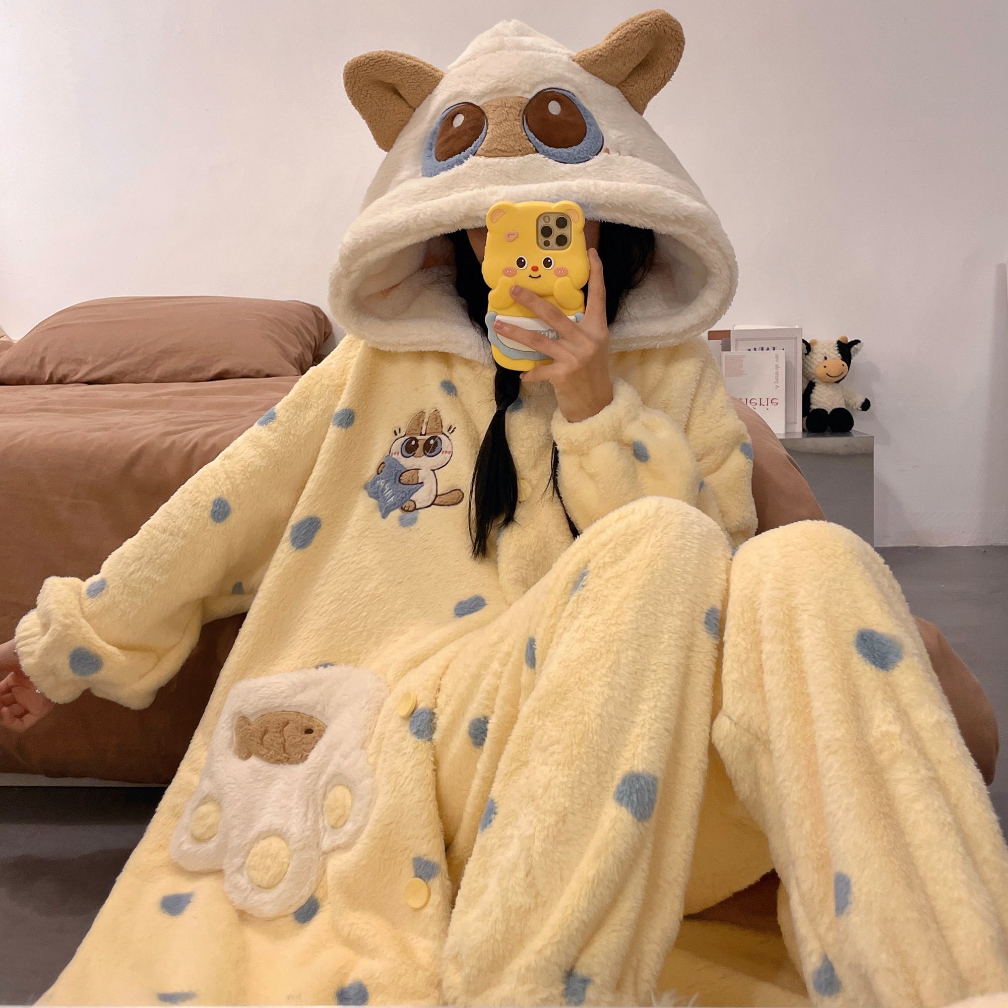 暹罗猫小豆泥珊瑚绒加绒加厚冬季睡袍女卡通可爱睡衣家居服可外穿 - 图0