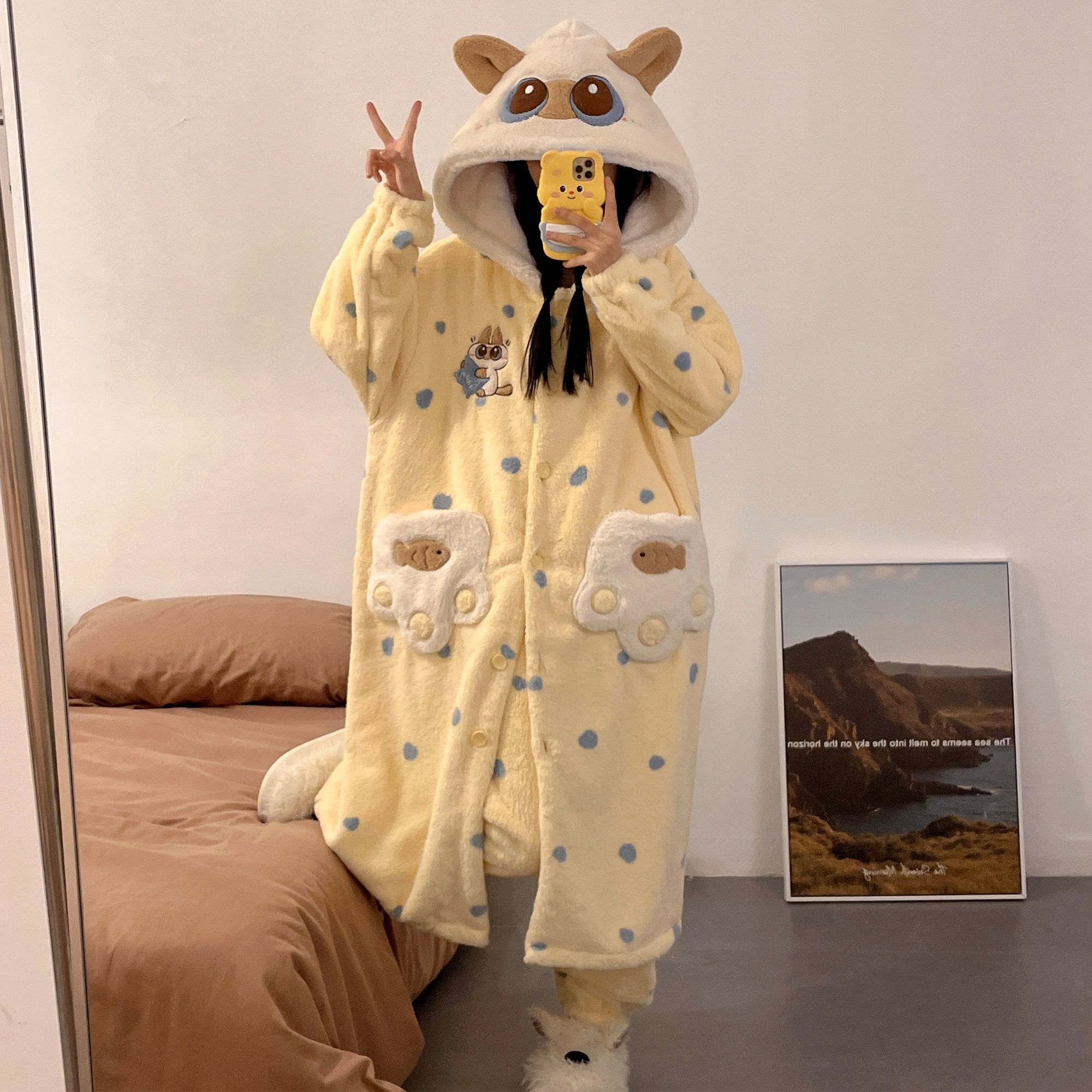 暹罗猫小豆泥珊瑚绒加绒加厚冬季睡袍女卡通可爱睡衣家居服可外穿 - 图2