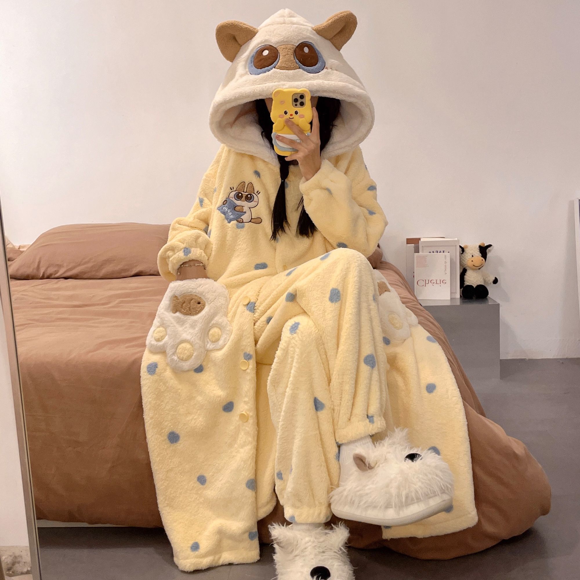 暹罗猫小豆泥珊瑚绒加绒加厚冬季睡袍女卡通可爱睡衣家居服可外穿 - 图1