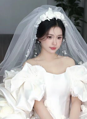 超仙花朵复古头纱结婚蓬蓬婚纱头饰拍照领证新娘道具造型摄影韩式