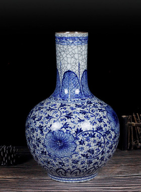 景德镇陶瓷器手绘青花开片仿古官窑花瓶新中式插花器客厅家居