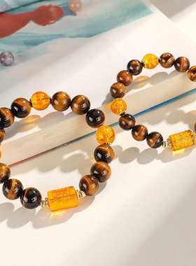 【黄财神】天然黄虎眼石串珠情侣手链女时尚百搭原创手串首饰批发