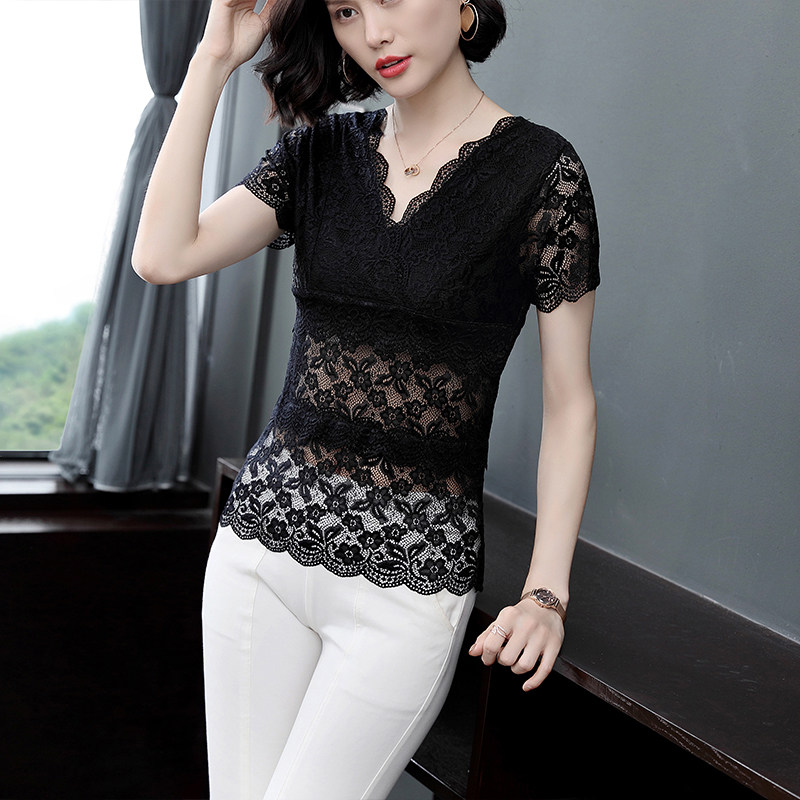 欧货蕾丝衫短袖2023新款v领t恤 姿芙尼蕾丝衫/雪纺衫