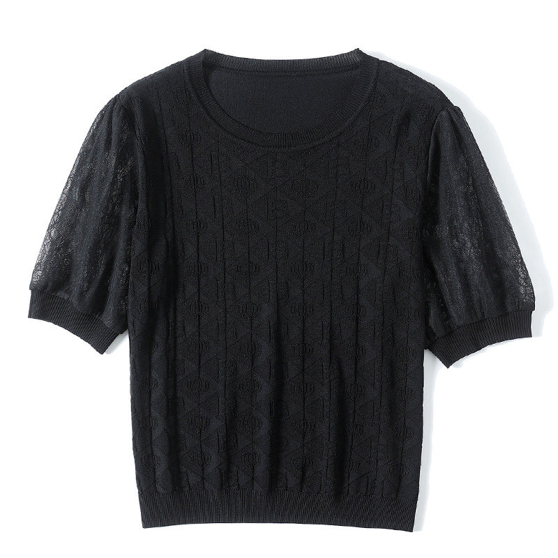 冰丝针织衫女短袖黑色2023夏t恤 姿芙尼毛针织衫