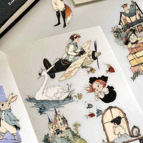 100张童话世界贴纸卡通可爱复古风插画手账手机壳笔记本PET贴画 - 图3