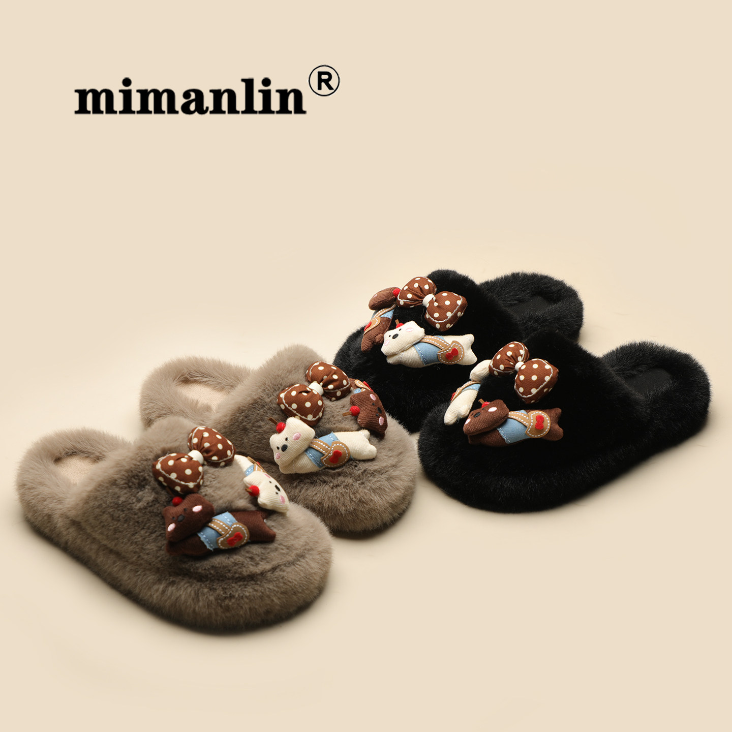 小熊毛毛拖鞋女秋冬居家保暖可爱加绒卡通蝴蝶结防滑软萌包头棉拖,淘宝优惠券,粉丝福利购,淘宝优惠卷