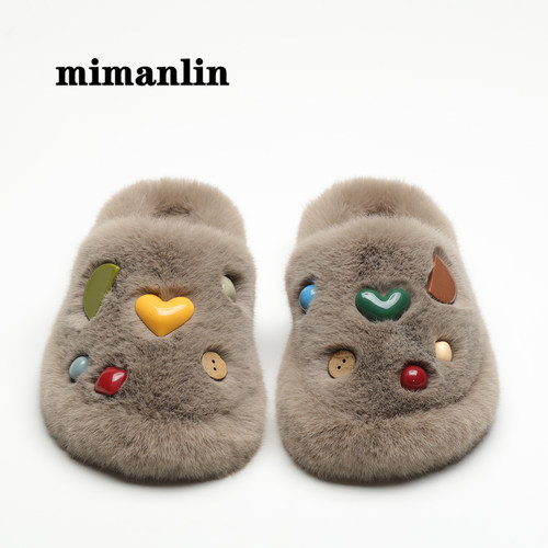 纽扣毛毛拖鞋女外穿秋冬季时尚网红室内居家防滑软底毛绒包头棉拖 - 图0