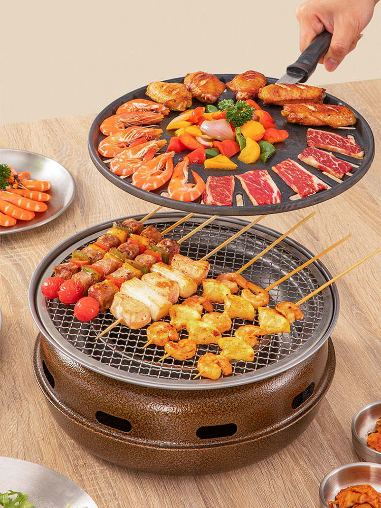 烧烤炉围炉煮茶家用韩式烤肉炉子室内无烟户外不锈钢炭火烤肉煎锅