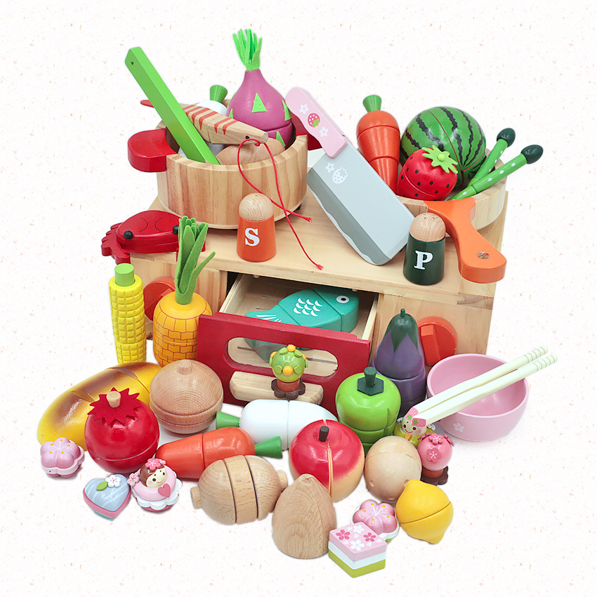 木盒蔬菜水果海鲜切切套装木制儿童过家家厨房玩具男女孩宝宝礼物