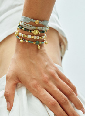 Tender Voyage度假系列绿色系贝壳天然石编绳丝带叠搭手链