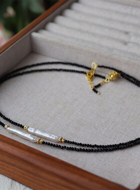 小银条天然巴洛克珍珠项链女设计感锁骨链颈链黑色尖晶石毛衣链