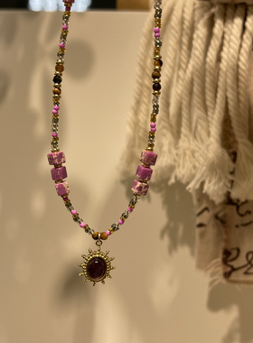 紫色天然石项链复古中式风轻奢饰品锁骨链