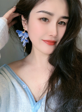 白鹿同款法式度假风蓝色花瓣超仙流苏耳环女小众高级气质耳钉耳饰