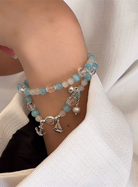 海蓝色猫眼石海洋系列帆船双层手链女INS风水晶甜美手串首饰