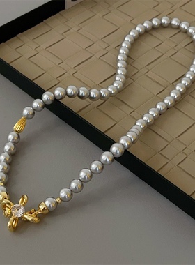 正圆强光灰色贝珠项链女轻奢18K镀金锆石颈链高级感法式气质锁骨