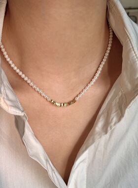 S家极光澳白色珍珠项链女轻奢小众法式方糖碎金子baby珠锁骨颈链