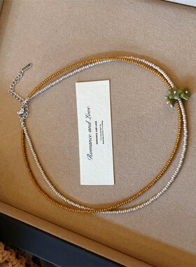 韩国双层叠戴米珠项链小众绿色铃兰吊坠温柔复古气质锁骨链女