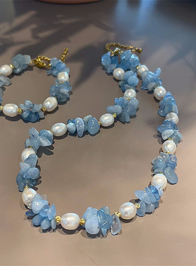 天然石海蓝宝碎石淡水真珍珠项链复古锁骨链手链显白高级感套装