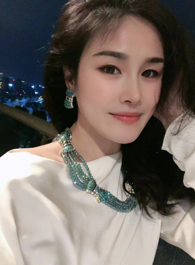 西洋古董中古复古蝴蝶结多层琉璃项链耳钉耳环耳饰时尚首饰套装