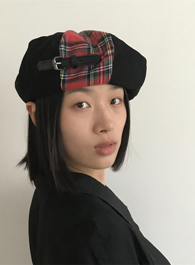 三环路格纹贝雷帽文艺女秋拼色帽