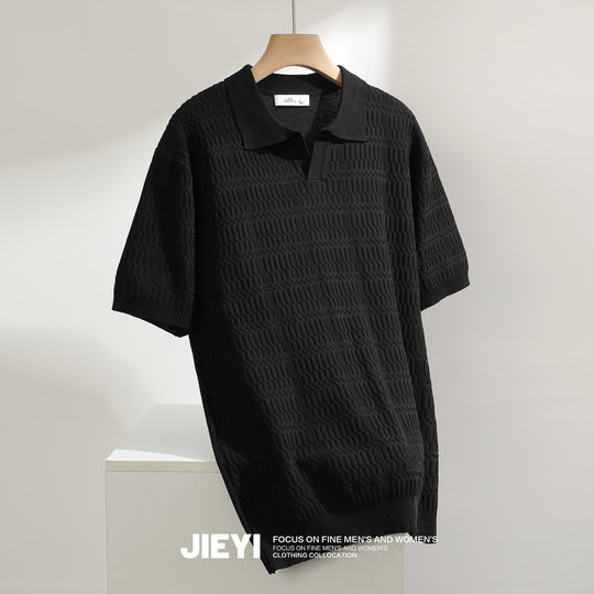 JIEYI breathable ice silk casual knitted POLO shirt comfortable lapel light mature style men's short-sleeved Paul top trendy