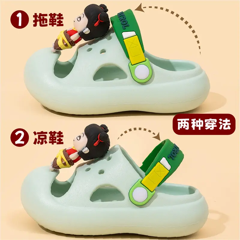 儿童哪吒外穿洞洞鞋防滑夏季卡通娜扎凉拖鞋沙滩鞋透气包头拖男孩 - 图2