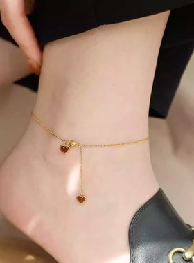 复古酒红爱心吊坠流苏金色脚链