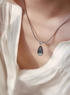 气质法式复古绿水滴蓝色海洋水晶项链女锁骨链毛衣链小众圣诞