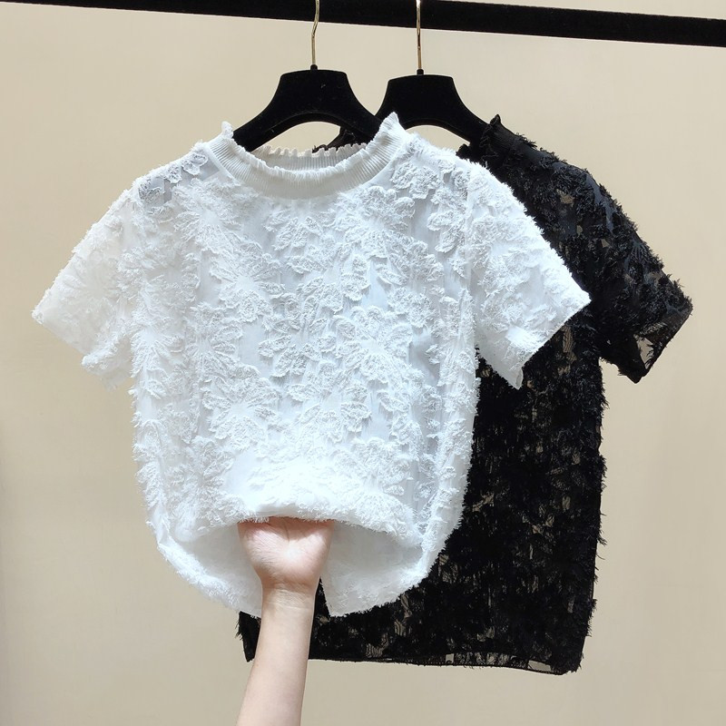 2020夏季新款短袖蕾丝衫很仙的小衫 艾贝黛蕾丝衫/雪纺衫