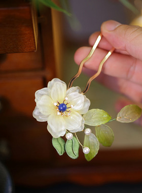 池鸢国风琉璃花朵蓝晶石簪子发饰