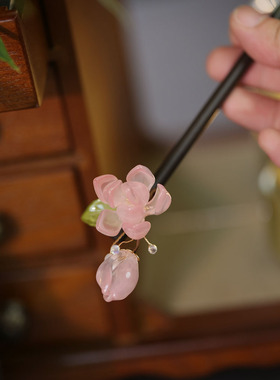 池鸢古风粉色荷花琉璃簪子发饰品