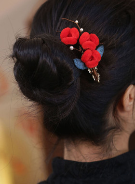 秋冬古风红色发夹仿绒花汉服发饰