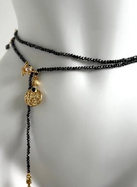 小众设计感合金璀璨金币黑色百搭长款项链腰链中古撞色串珠身体链