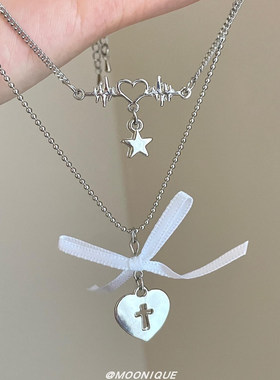 超仙蕾丝爱心十字架吊坠项链颈链女chocker高级感多层锁骨链配饰