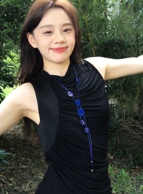 蓝调时刻~吸睛克莱因蓝色圆片流苏项链女锁骨链小众设计配饰颈链